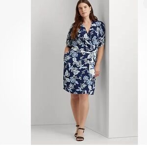 Lauren Ralph Lauren black label navy blue floral faux wrap dress size 18w